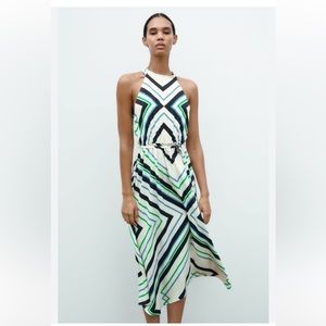 Zara Geometric white blue green maxi halter dress sleeveless bow size large